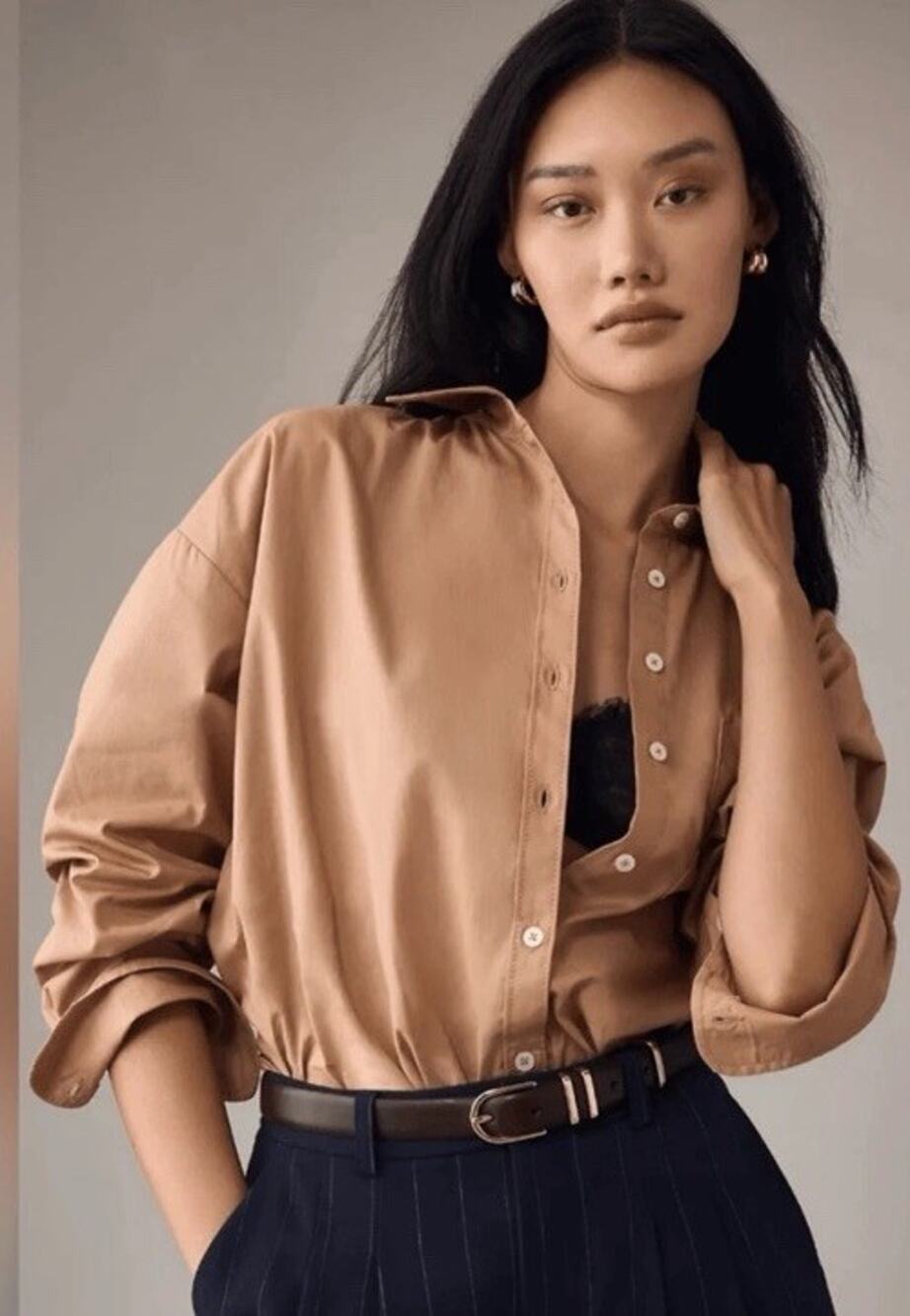 Anthropologie Maeve Tan Shirt Women’s Large Oversized Relaxed Bennet Button Down